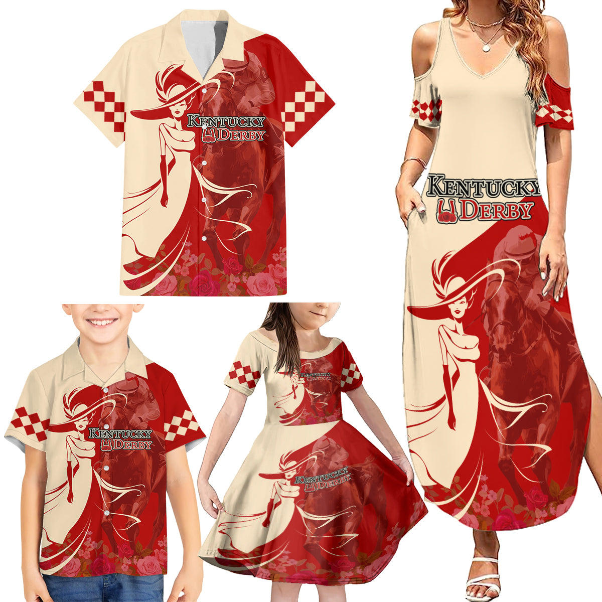 Kentucky Racing Horses Derby Hat Girl Family Matching Summer Maxi Dress and Hawaiian Shirt Red Color - Wonder Print Shop