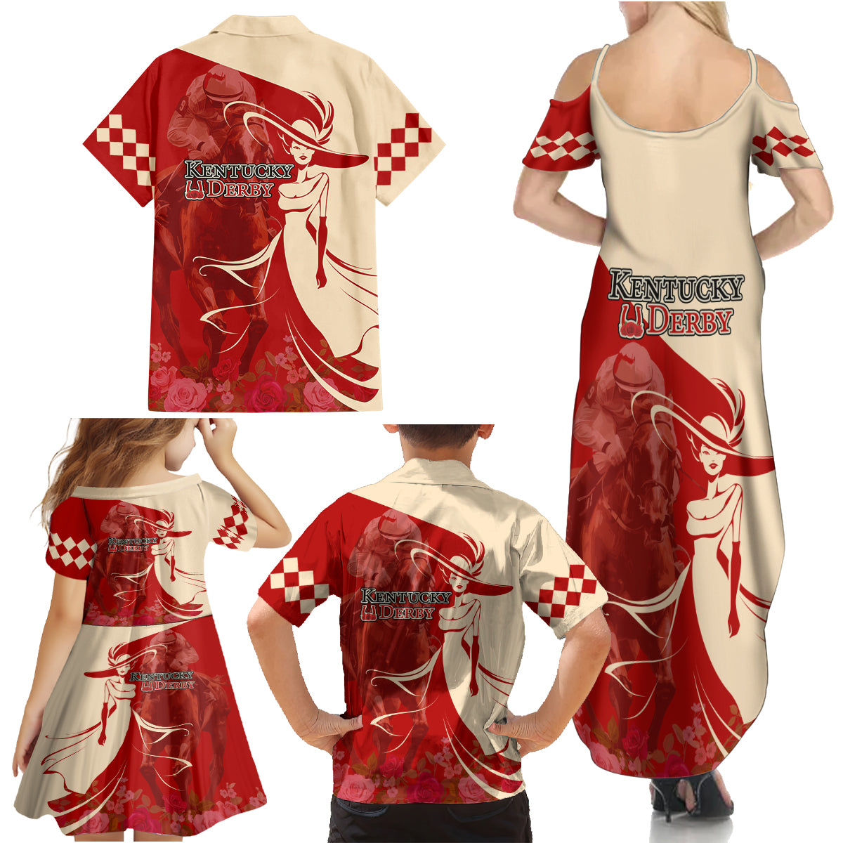Kentucky Racing Horses Derby Hat Girl Family Matching Summer Maxi Dress and Hawaiian Shirt Red Color - Wonder Print Shop