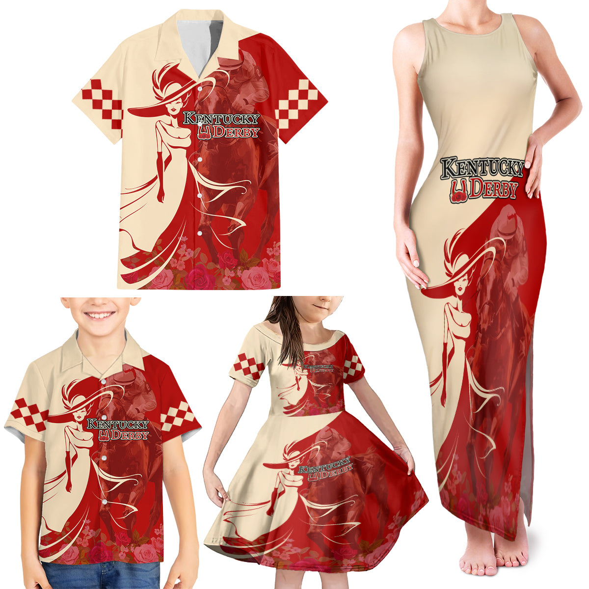 Kentucky Racing Horses Derby Hat Girl Family Matching Tank Maxi Dress and Hawaiian Shirt Red Color - Wonder Print Shop