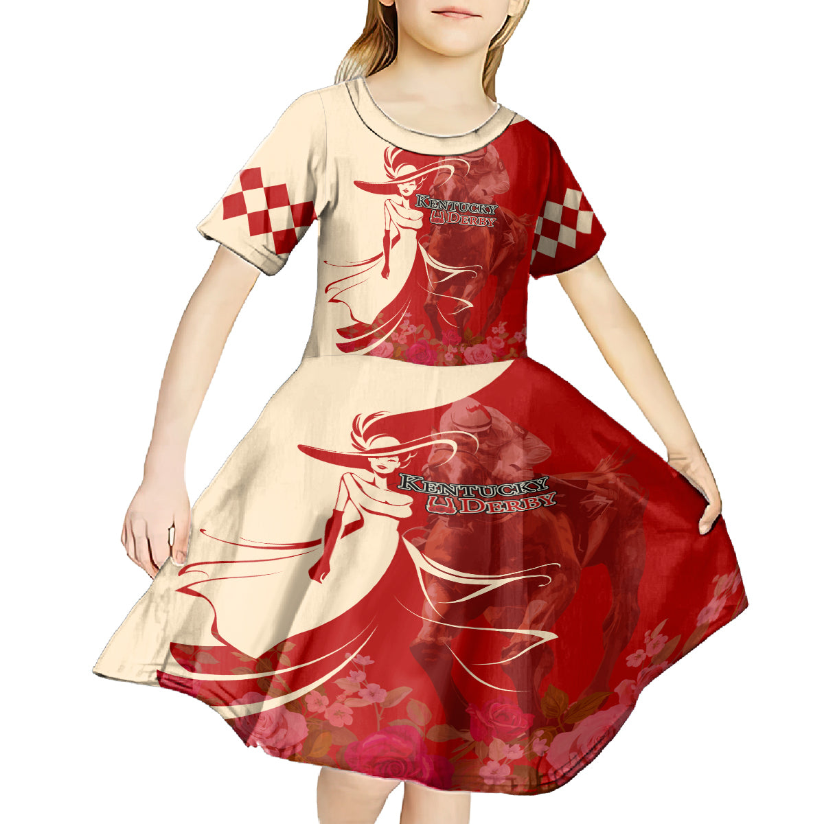 Kentucky Racing Horses Derby Hat Girl Kid Short Sleeve Dress Red Color - Wonder Print Shop