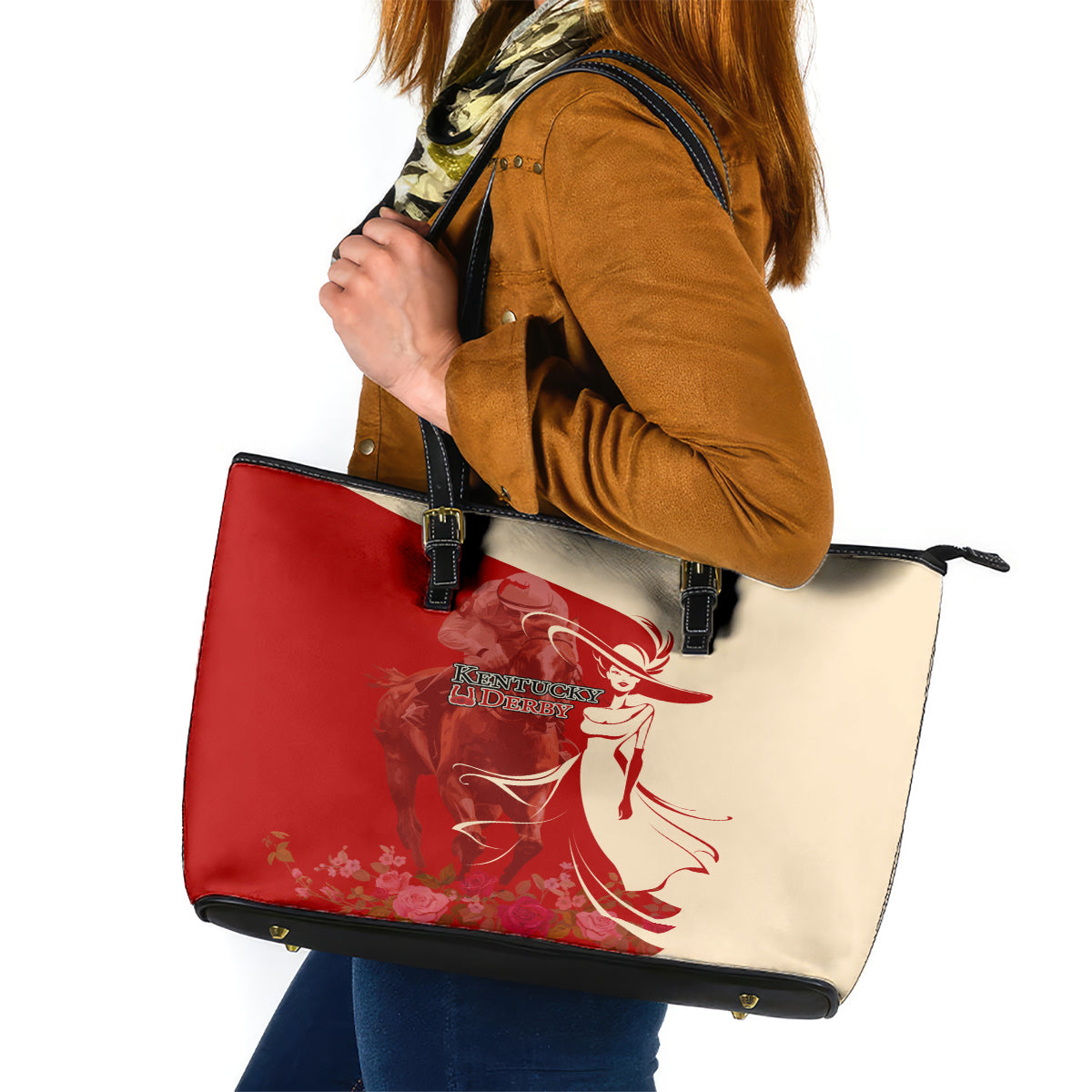Kentucky Racing Horses Derby Hat Girl Leather Tote Bag Red Color - Wonder Print Shop