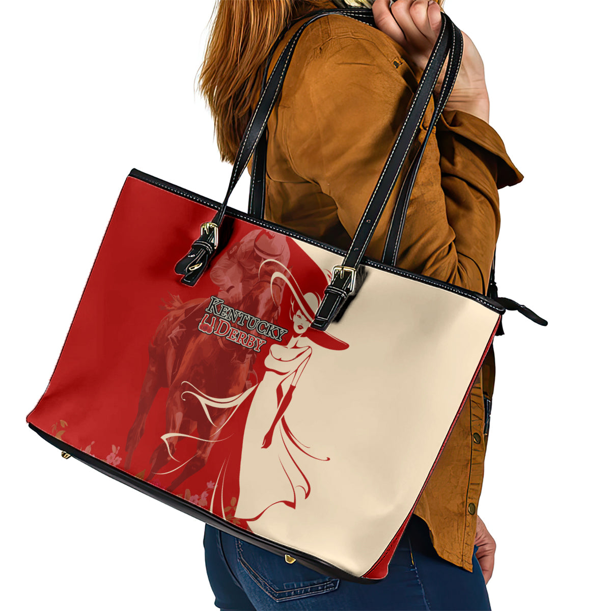 Kentucky Racing Horses Derby Hat Girl Leather Tote Bag Red Color - Wonder Print Shop