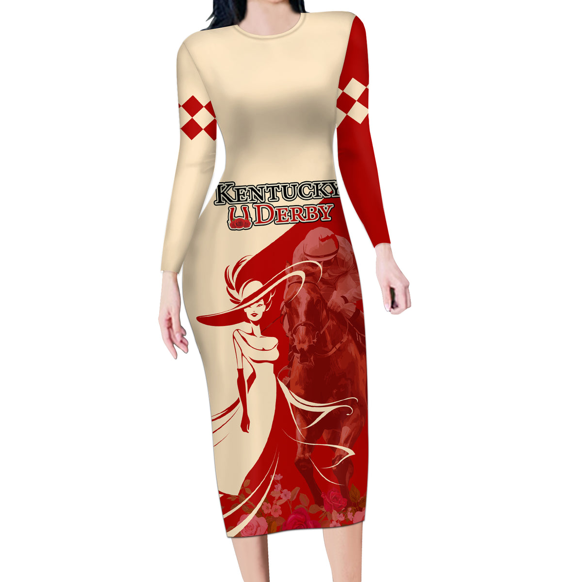 Kentucky Racing Horses Derby Hat Girl Long Sleeve Bodycon Dress Red Color - Wonder Print Shop
