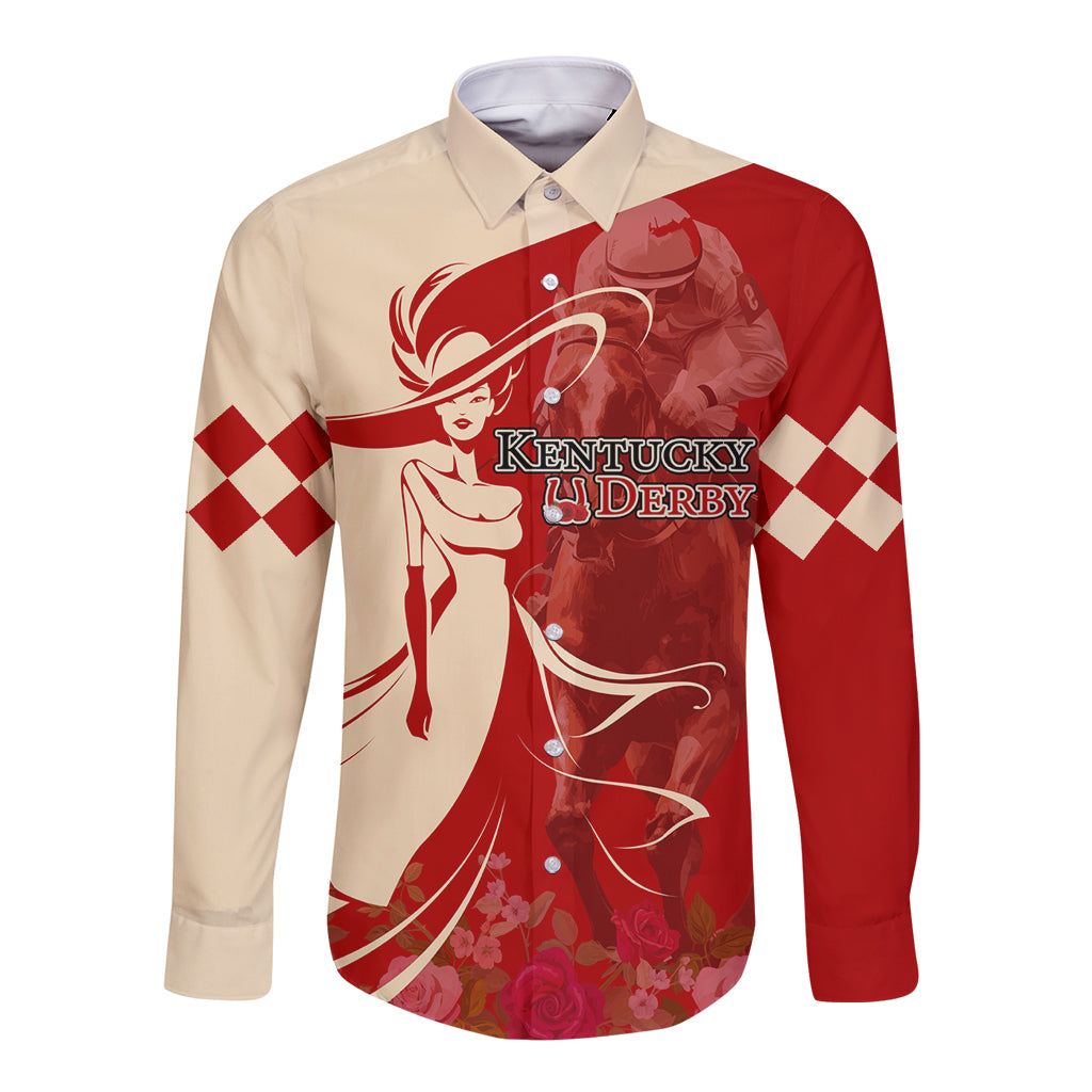 Kentucky Racing Horses Derby Hat Girl Long Sleeve Button Shirt Red Color - Wonder Print Shop