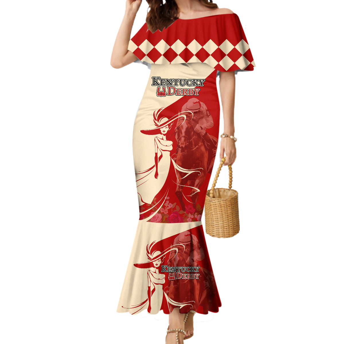 Kentucky Racing Horses Derby Hat Girl Mermaid Dress Red Color - Wonder Print Shop