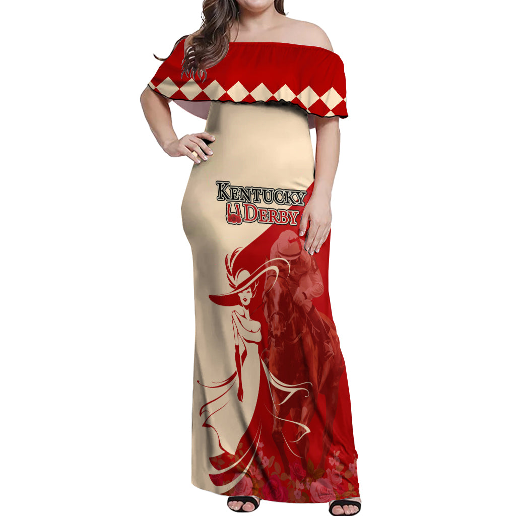 Kentucky Racing Horses Derby Hat Girl Off Shoulder Maxi Dress Red Color - Wonder Print Shop