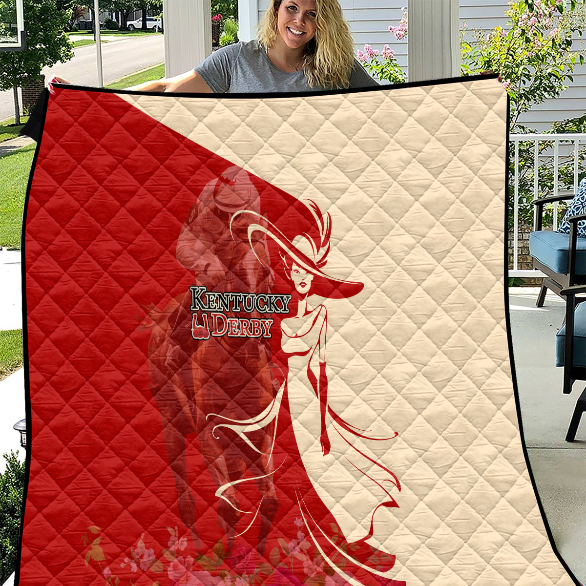 Kentucky Racing Horses Derby Hat Girl Quilt Red Color