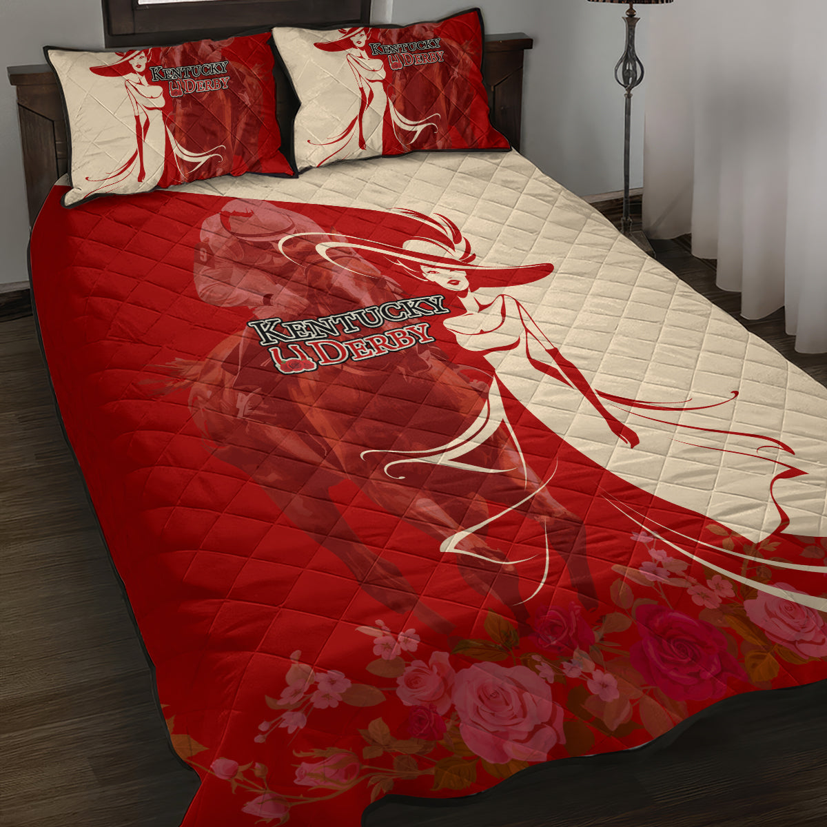 Kentucky Racing Horses Derby Hat Girl Quilt Bed Set Red Color