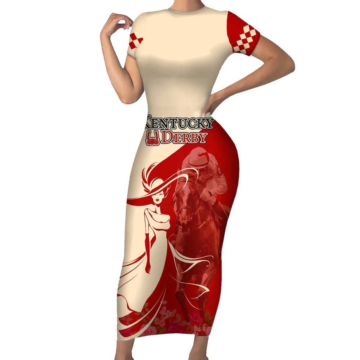 Kentucky Racing Horses Derby Hat Girl Short Sleeve Bodycon Dress Red Color - Wonder Print Shop