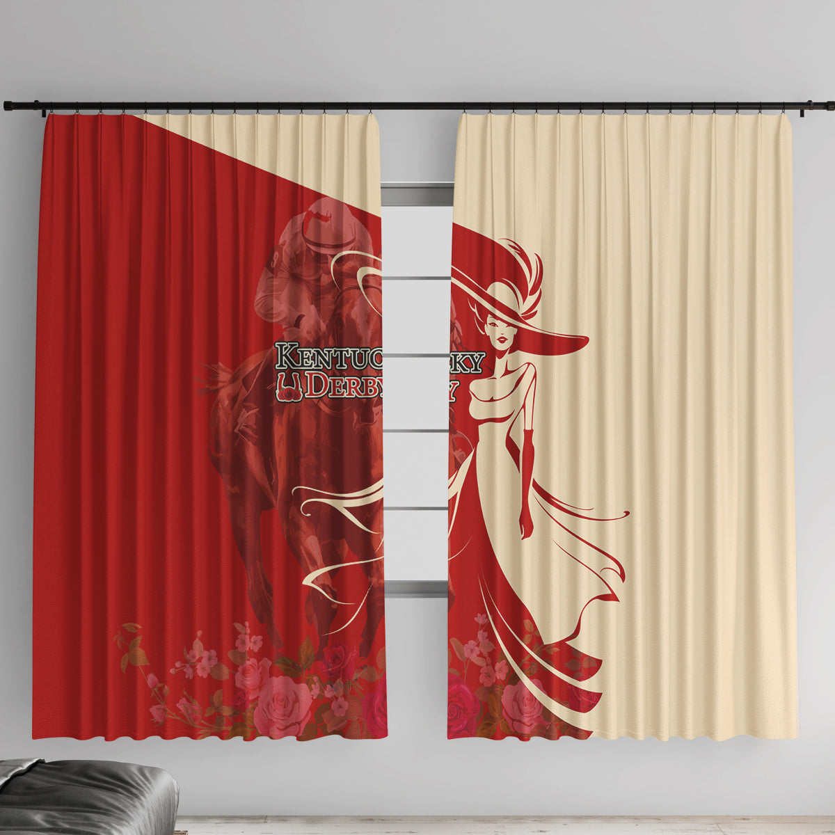Kentucky Racing Horses Derby Hat Girl Window Curtain Red Color - Wonder Print Shop