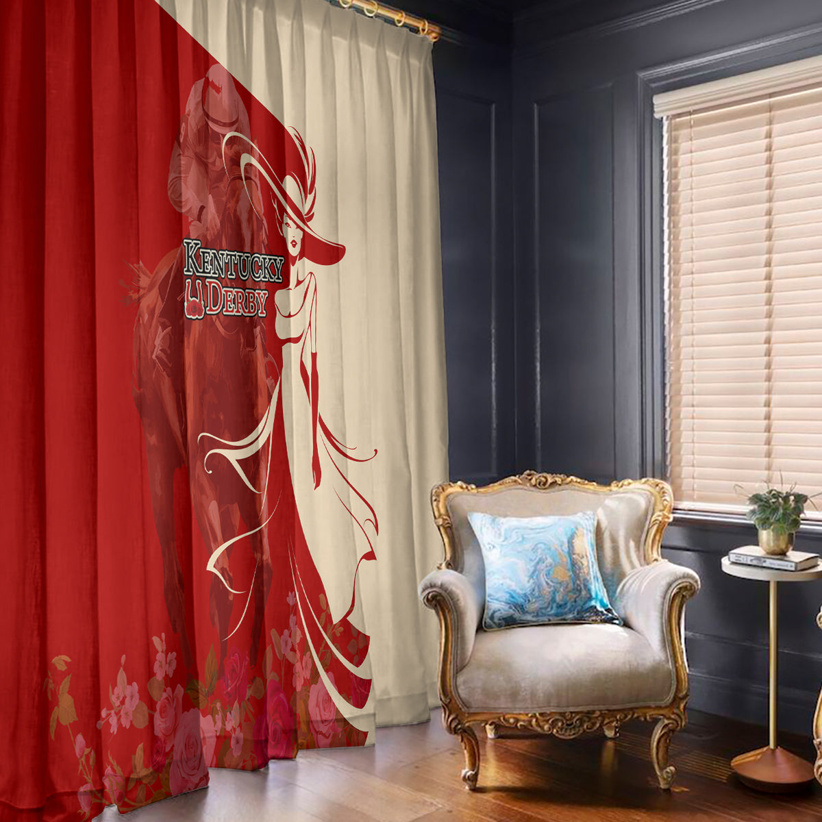 Kentucky Racing Horses Derby Hat Girl Window Curtain Red Color - Wonder Print Shop