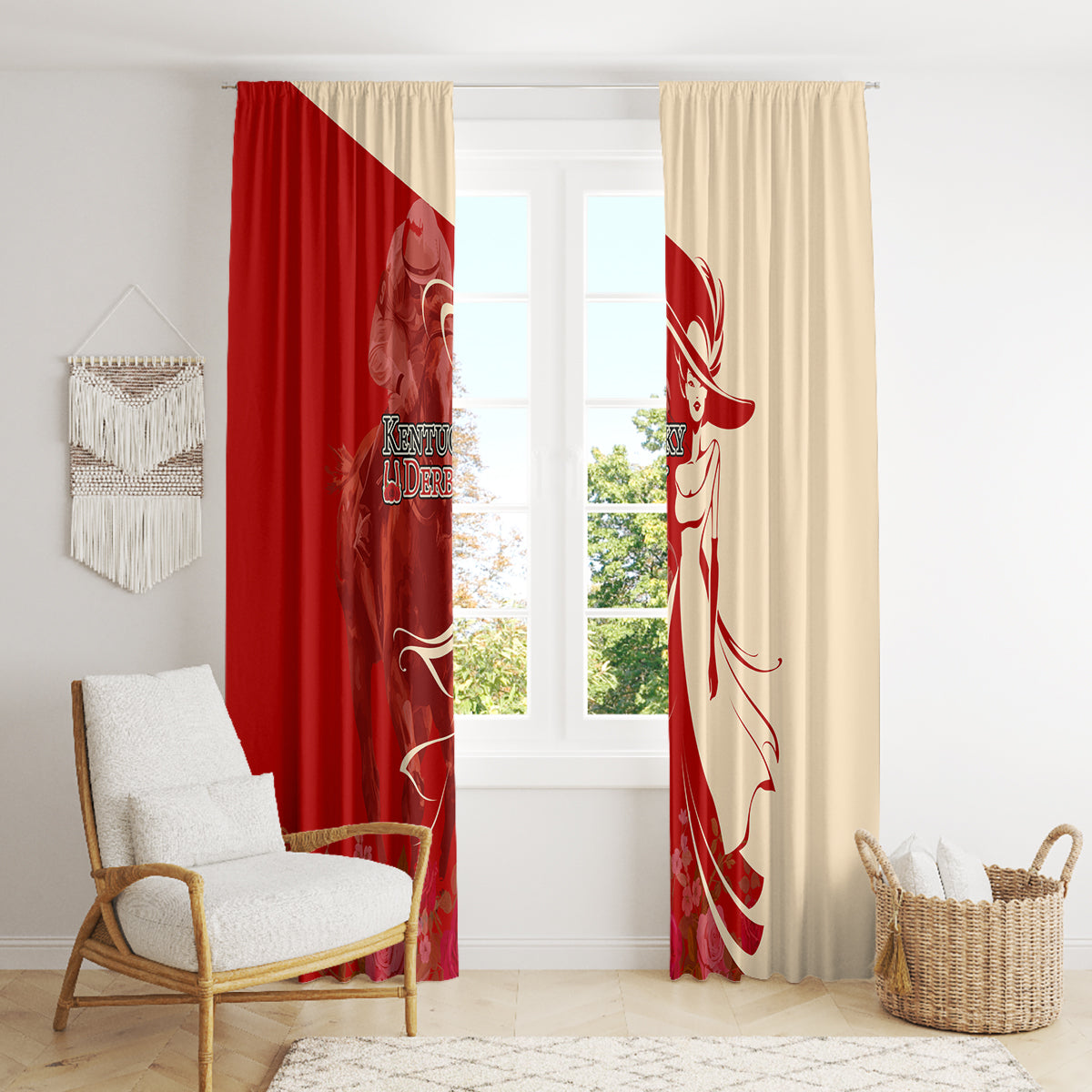 Kentucky Racing Horses Derby Hat Girl Window Curtain Red Color - Wonder Print Shop