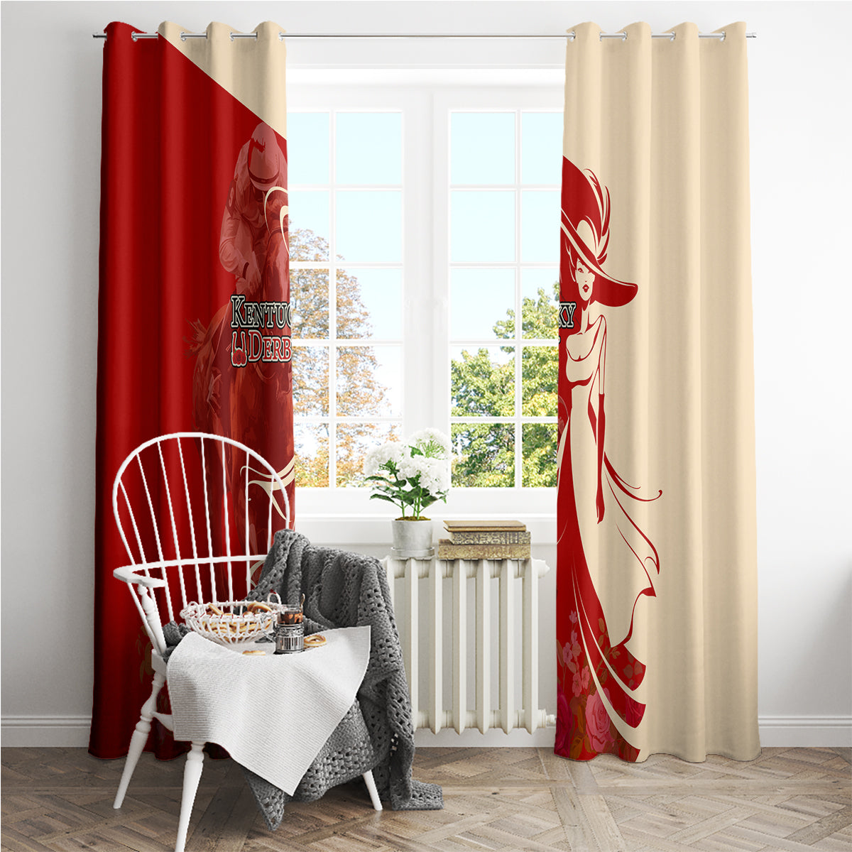 Kentucky Racing Horses Derby Hat Girl Window Curtain Red Color - Wonder Print Shop