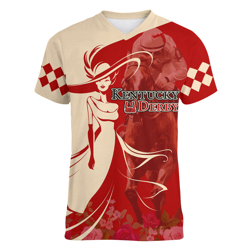 Kentucky Racing Horses Derby Hat Girl Women V-Neck T-Shirt Red Color - Wonder Print Shop
