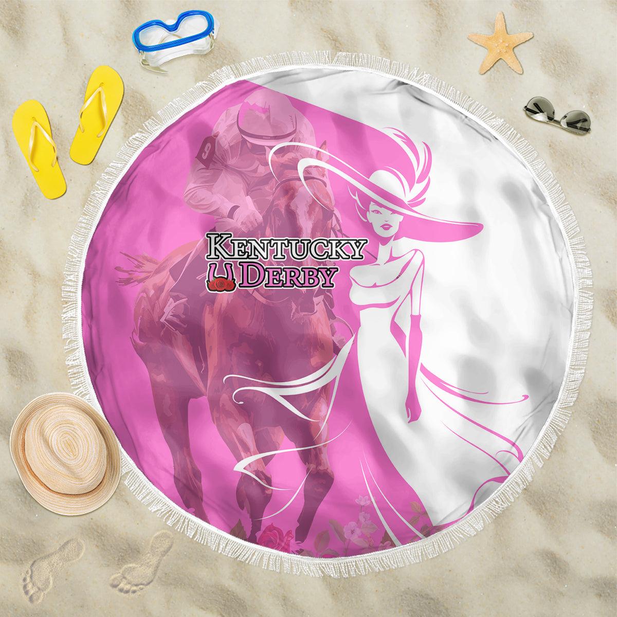 Kentucky Racing Horses Derby Hat Girl Beach Blanket Pink Color - Wonder Print Shop