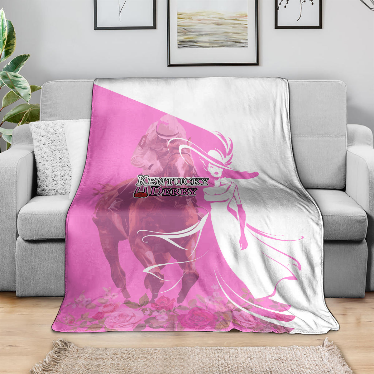 Kentucky Racing Horses Derby Hat Girl Blanket Pink Color