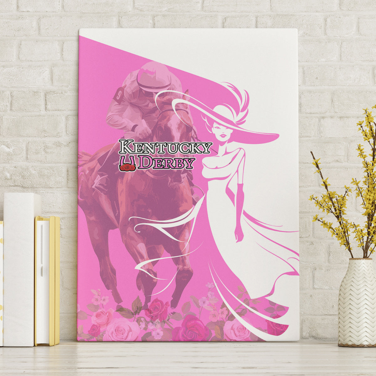 Kentucky Racing Horses Derby Hat Girl Canvas Wall Art Pink Color - Wonder Print Shop