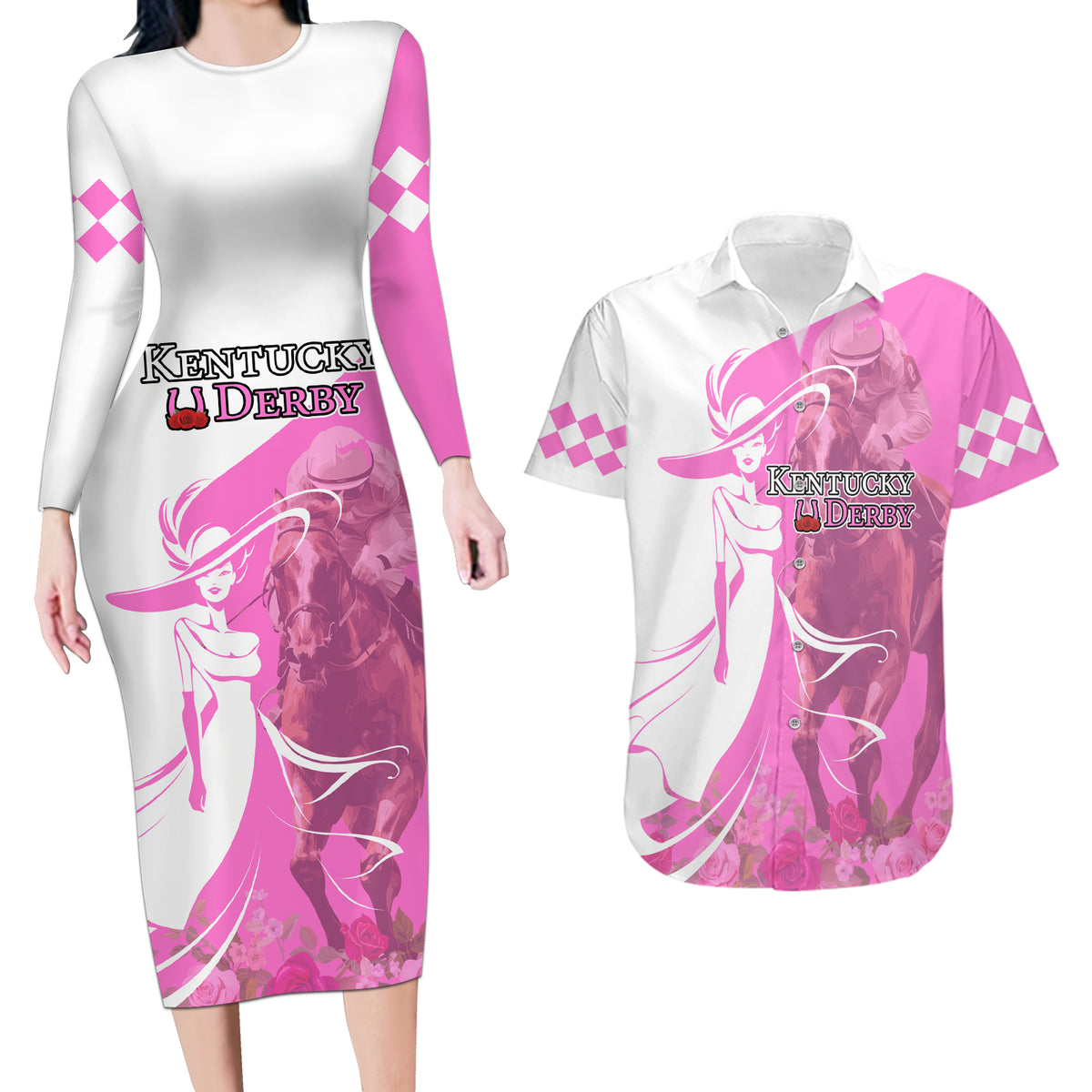 Kentucky Racing Horses Derby Hat Girl Couples Matching Long Sleeve Bodycon Dress and Hawaiian Shirt Pink Color - Wonder Print Shop