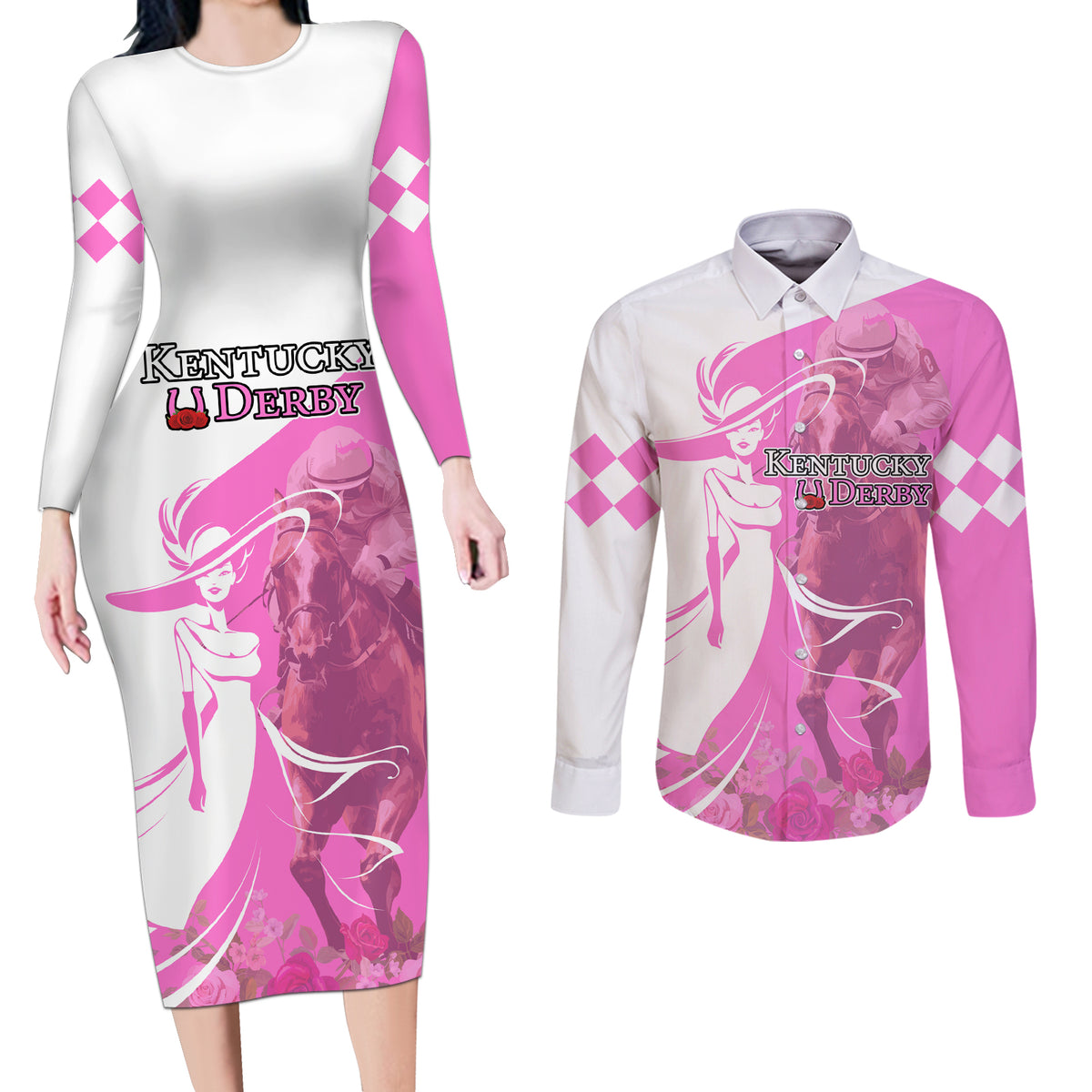 Kentucky Racing Horses Derby Hat Girl Couples Matching Long Sleeve Bodycon Dress and Long Sleeve Button Shirt Pink Color - Wonder Print Shop