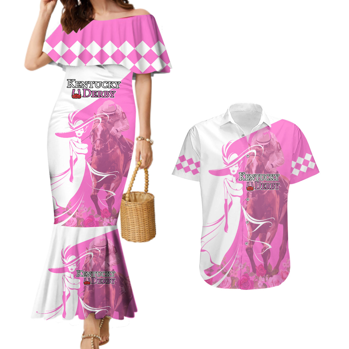 Kentucky Racing Horses Derby Hat Girl Couples Matching Mermaid Dress and Hawaiian Shirt Pink Color - Wonder Print Shop
