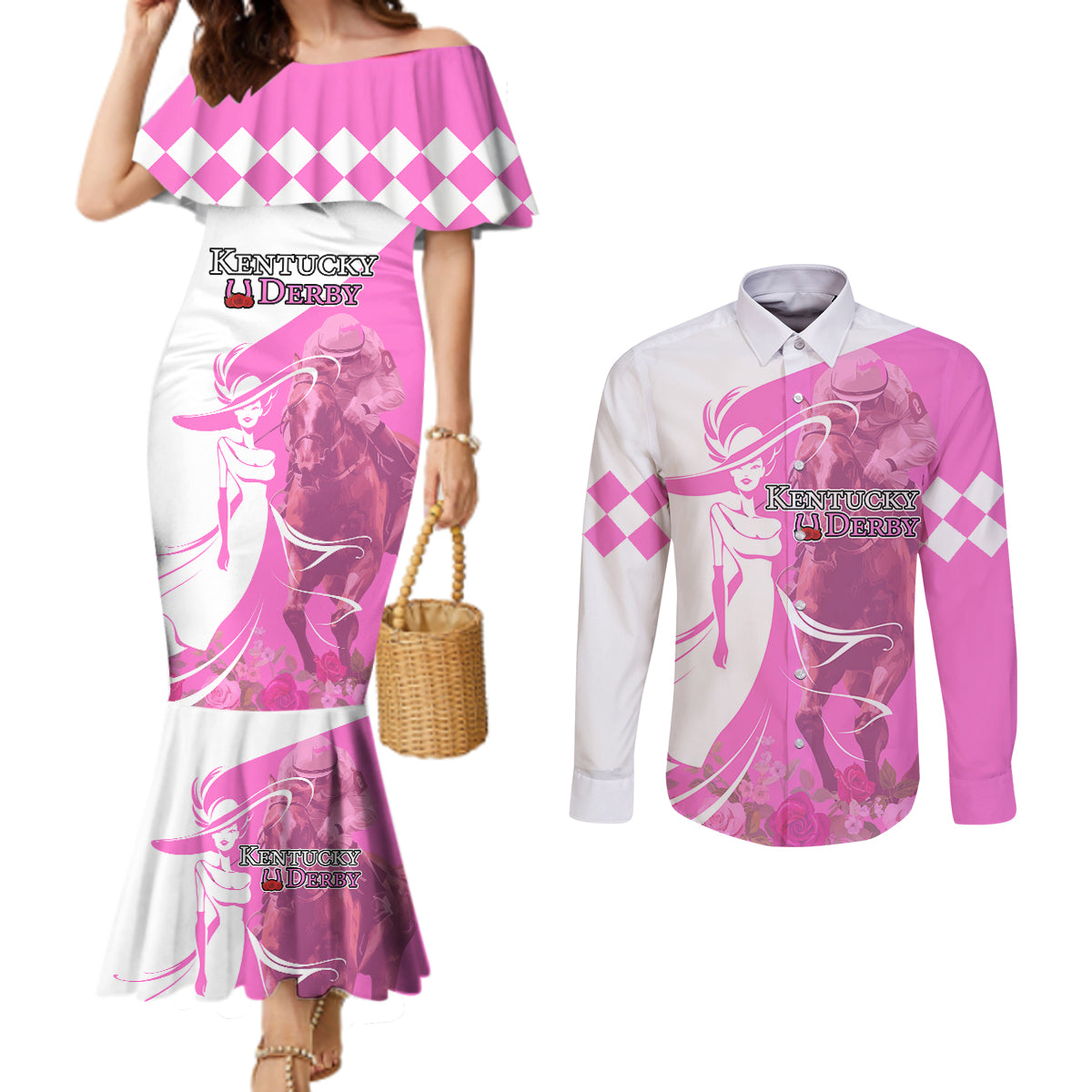Kentucky Racing Horses Derby Hat Girl Couples Matching Mermaid Dress and Long Sleeve Button Shirt Pink Color