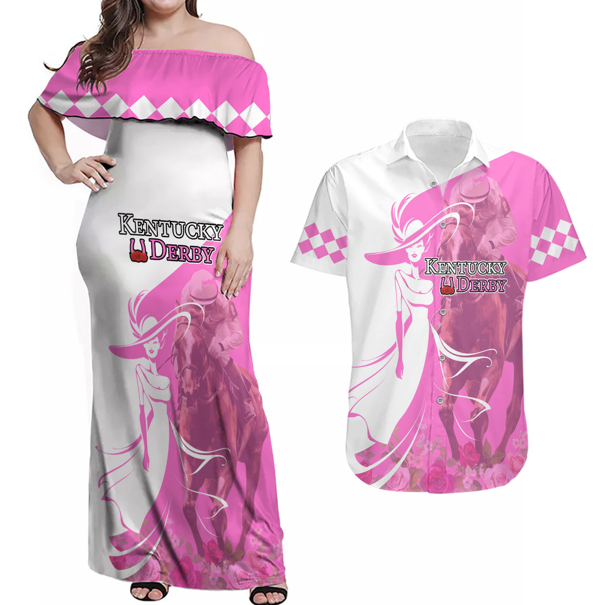 Kentucky Racing Horses Derby Hat Girl Couples Matching Off Shoulder Maxi Dress and Hawaiian Shirt Pink Color - Wonder Print Shop