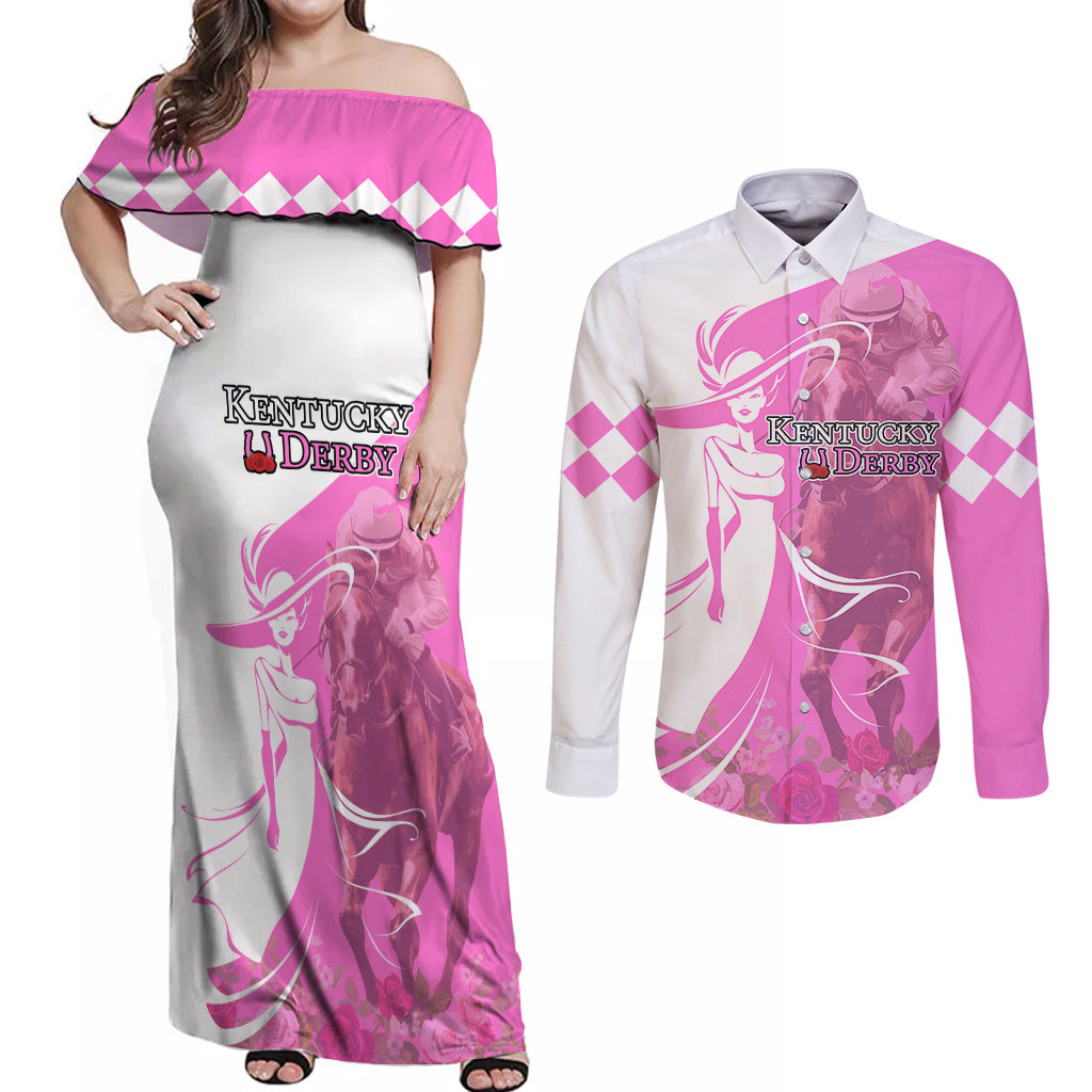 Kentucky Racing Horses Derby Hat Girl Couples Matching Off Shoulder Maxi Dress and Long Sleeve Button Shirt Pink Color - Wonder Print Shop