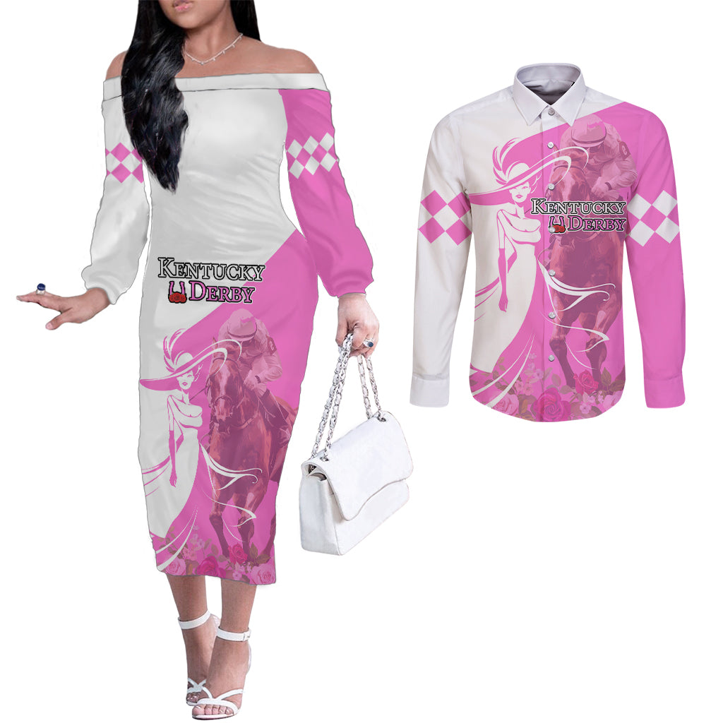 Kentucky Racing Horses Derby Hat Girl Couples Matching Off The Shoulder Long Sleeve Dress and Long Sleeve Button Shirt Pink Color