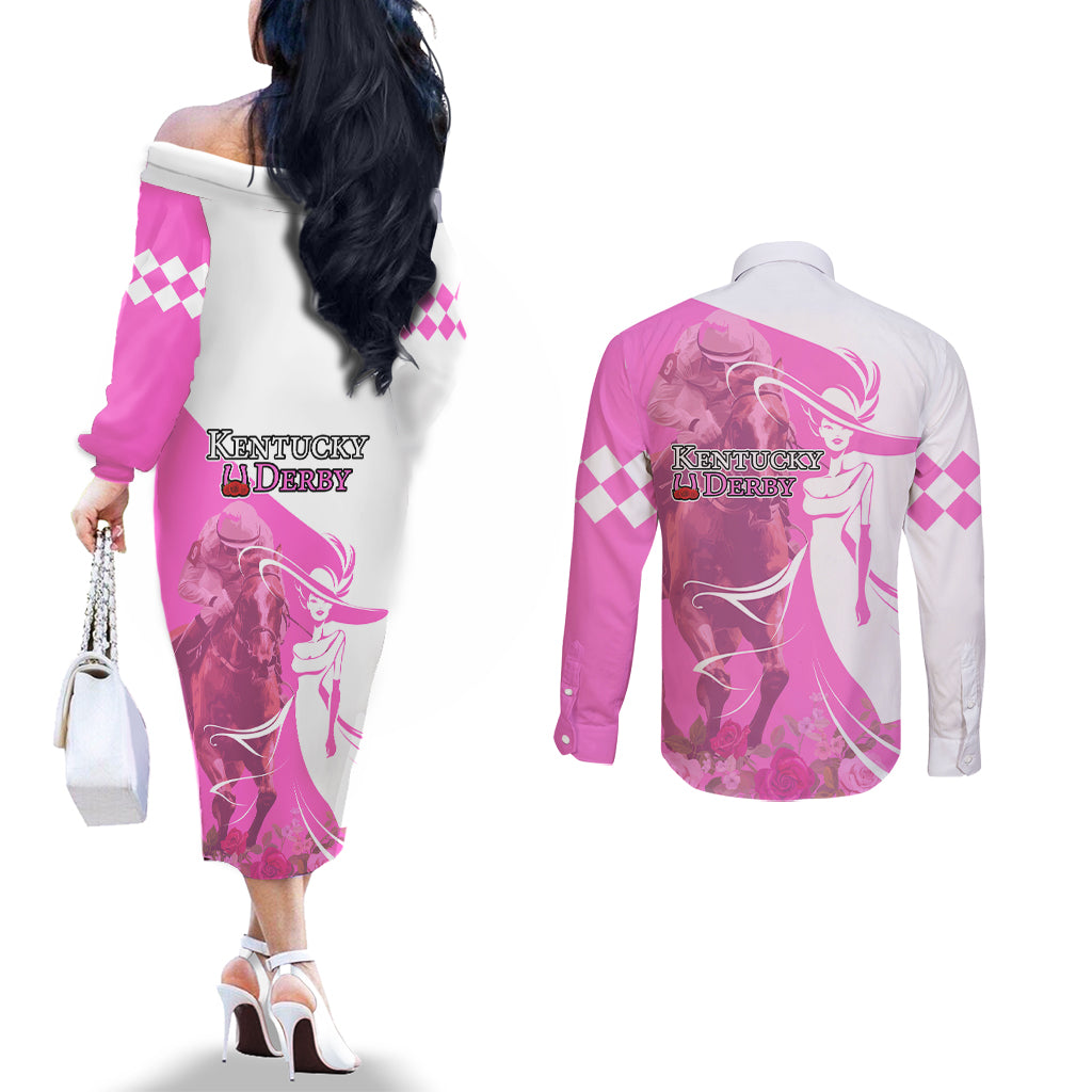 Kentucky Racing Horses Derby Hat Girl Couples Matching Off The Shoulder Long Sleeve Dress and Long Sleeve Button Shirt Pink Color