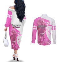 Kentucky Racing Horses Derby Hat Girl Couples Matching Off The Shoulder Long Sleeve Dress and Long Sleeve Button Shirt Pink Color