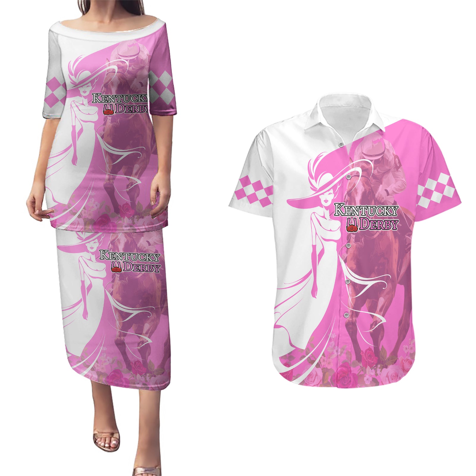 Kentucky Racing Horses Derby Hat Girl Couples Matching Puletasi and Hawaiian Shirt Pink Color - Wonder Print Shop