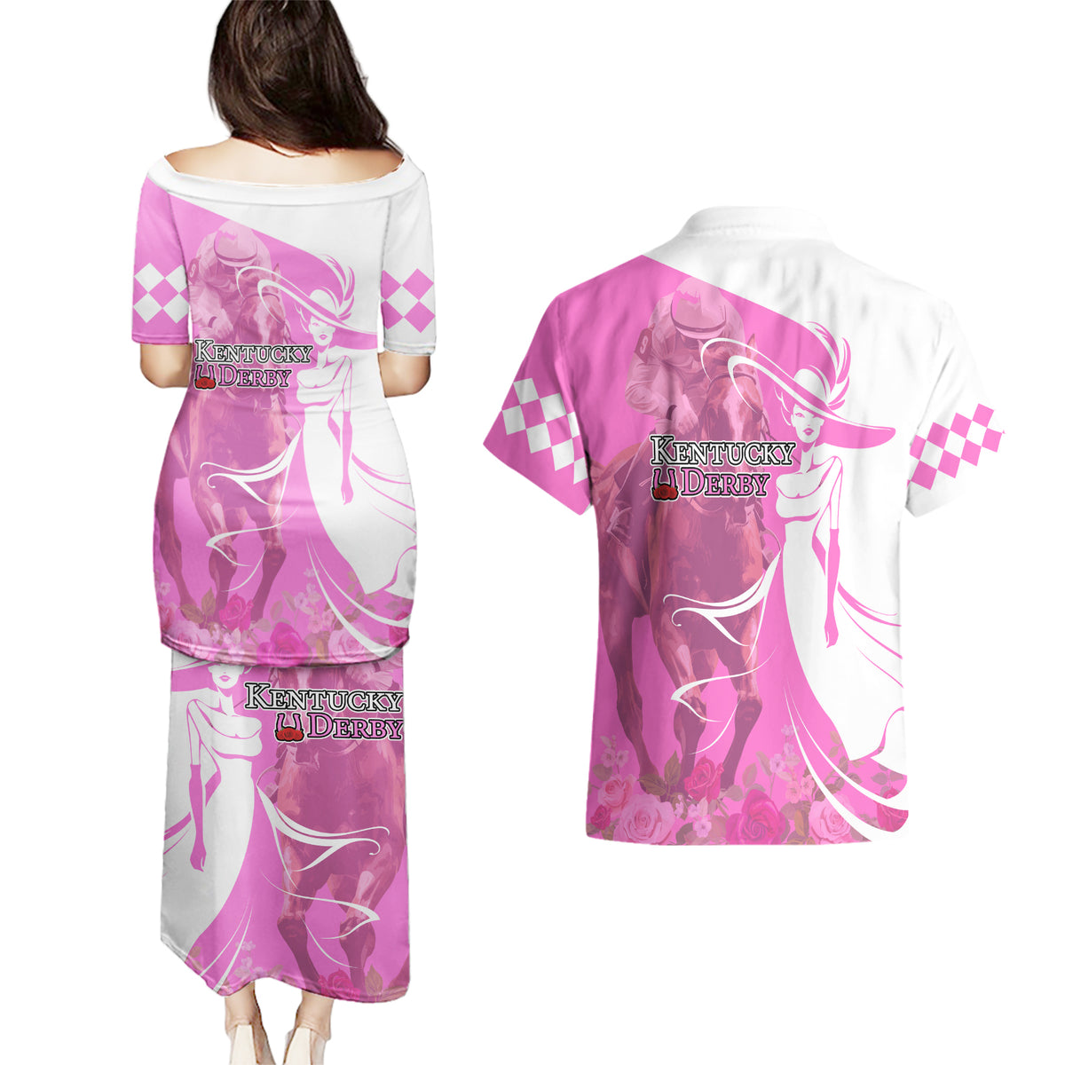 Kentucky Racing Horses Derby Hat Girl Couples Matching Puletasi and Hawaiian Shirt Pink Color - Wonder Print Shop