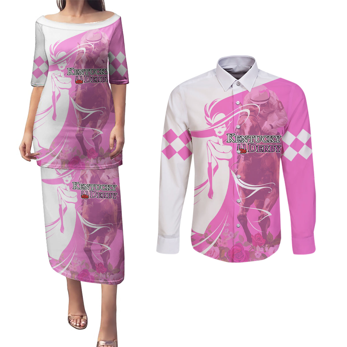 Kentucky Racing Horses Derby Hat Girl Couples Matching Puletasi and Long Sleeve Button Shirt Pink Color - Wonder Print Shop