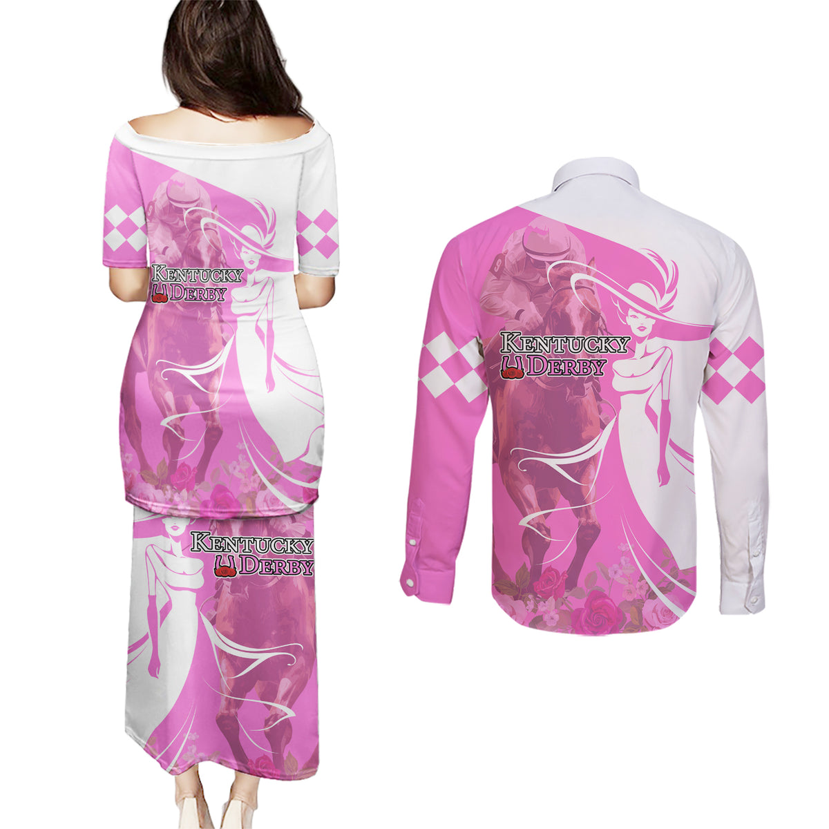 Kentucky Racing Horses Derby Hat Girl Couples Matching Puletasi and Long Sleeve Button Shirt Pink Color - Wonder Print Shop
