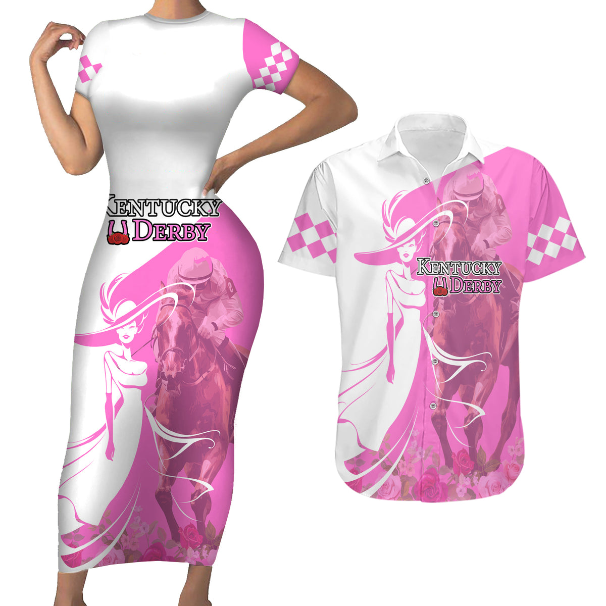 Kentucky Racing Horses Derby Hat Girl Couples Matching Short Sleeve Bodycon Dress and Hawaiian Shirt Pink Color - Wonder Print Shop