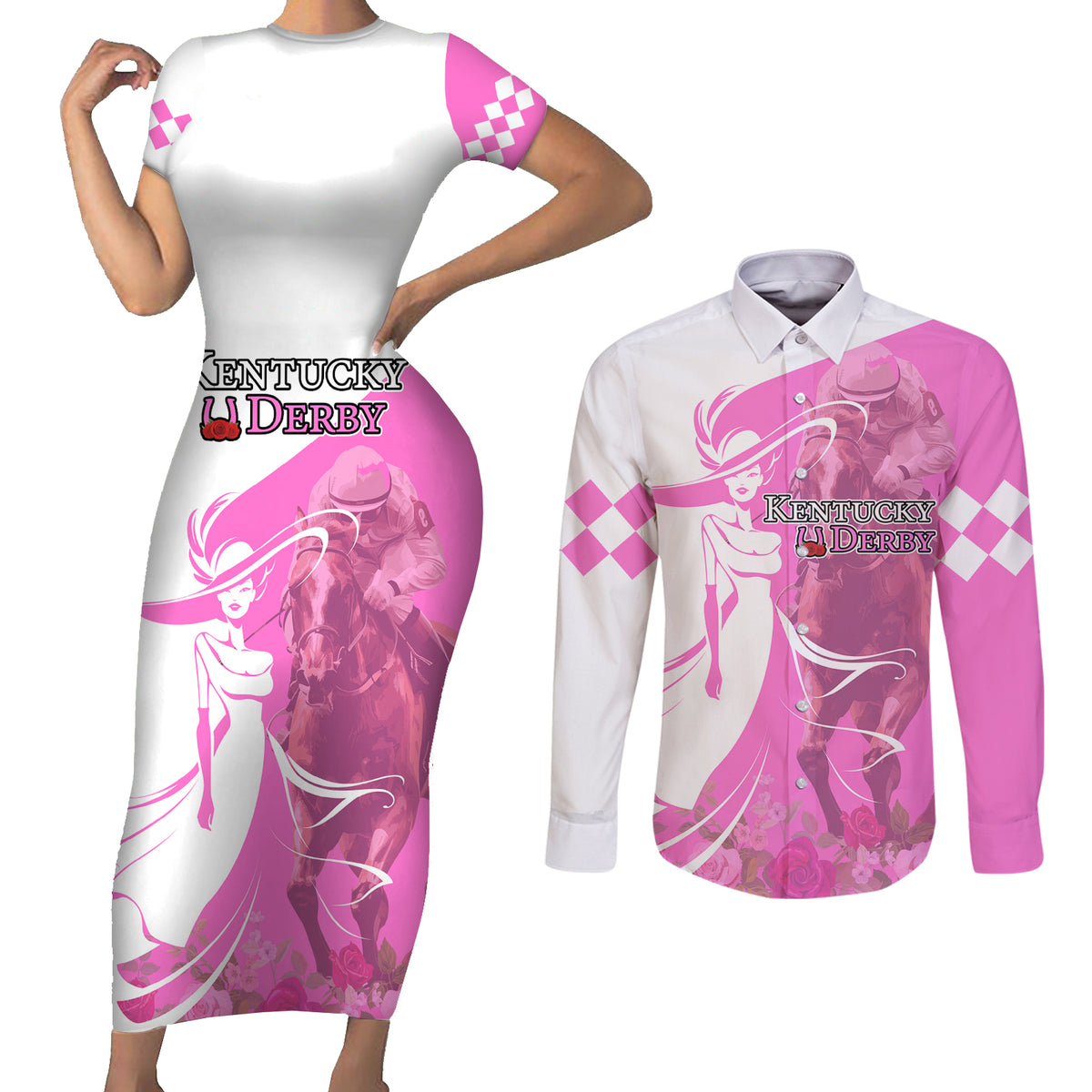 Kentucky Racing Horses Derby Hat Girl Couples Matching Short Sleeve Bodycon Dress and Long Sleeve Button Shirt Pink Color - Wonder Print Shop