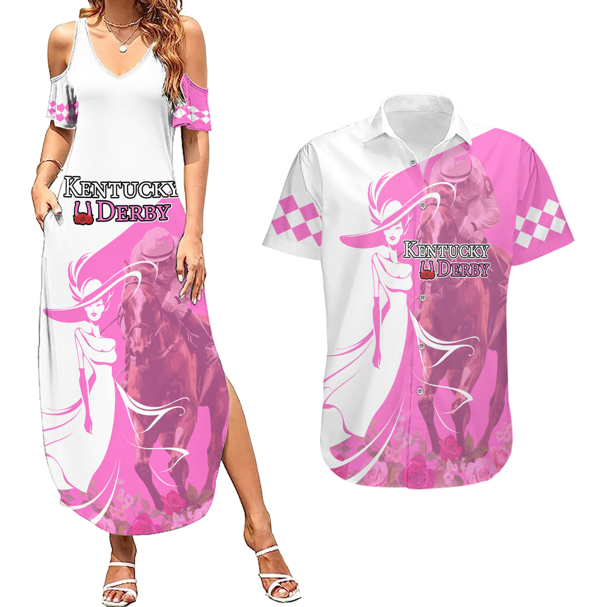 Kentucky Racing Horses Derby Hat Girl Couples Matching Summer Maxi Dress and Hawaiian Shirt Pink Color - Wonder Print Shop