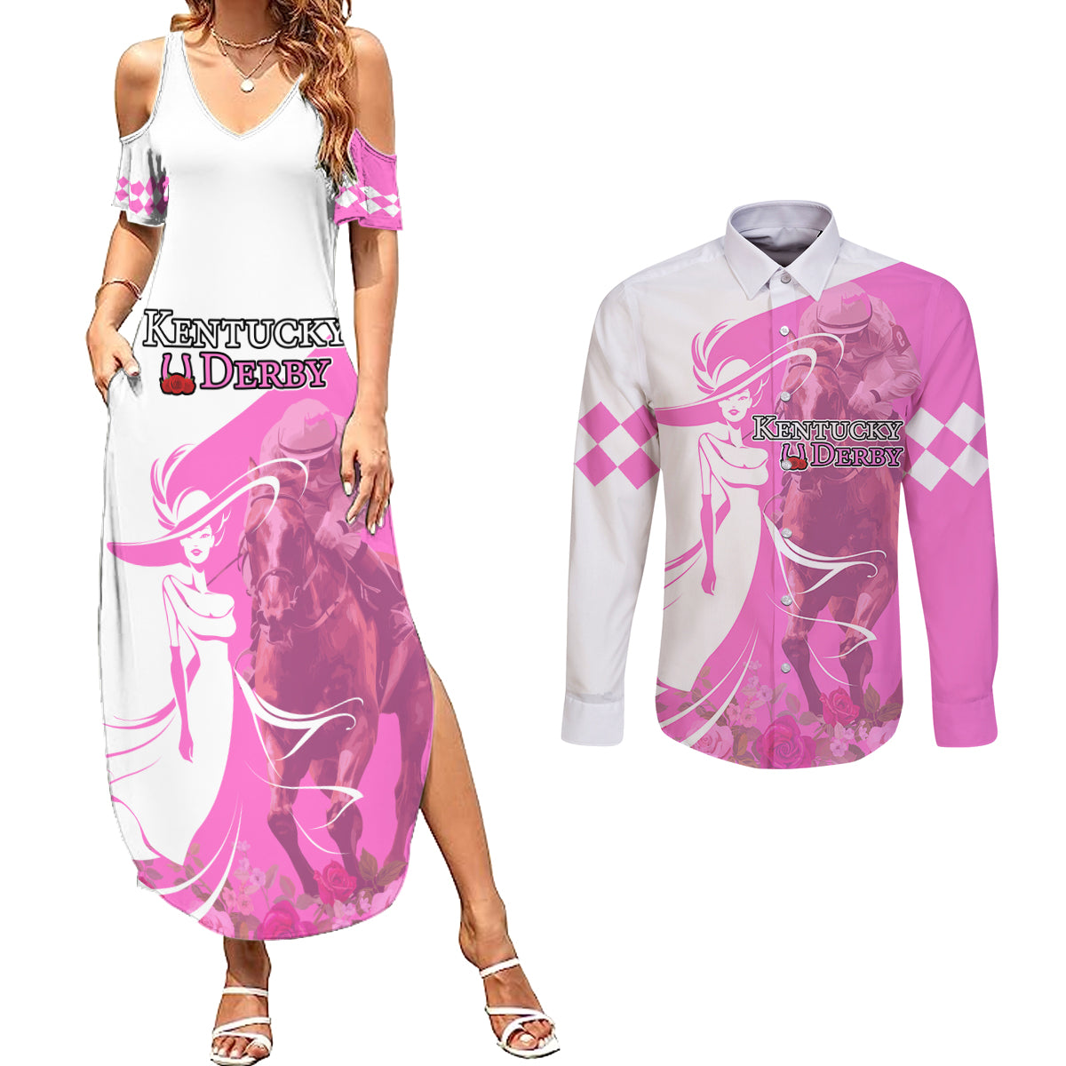 Kentucky Racing Horses Derby Hat Girl Couples Matching Summer Maxi Dress and Long Sleeve Button Shirt Pink Color - Wonder Print Shop