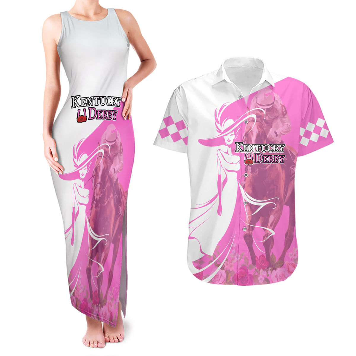 Kentucky Racing Horses Derby Hat Girl Couples Matching Tank Maxi Dress and Hawaiian Shirt Pink Color - Wonder Print Shop