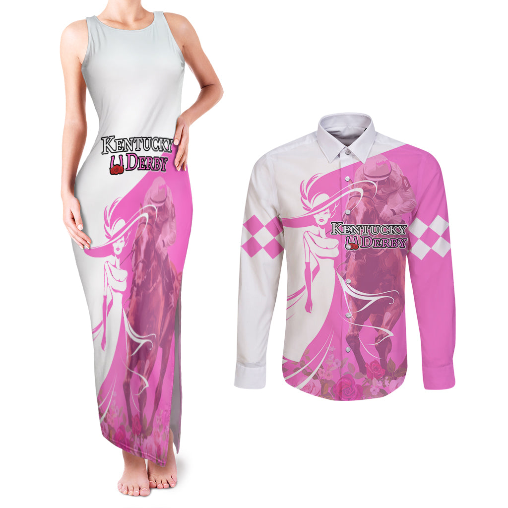 Kentucky Racing Horses Derby Hat Girl Couples Matching Tank Maxi Dress and Long Sleeve Button Shirt Pink Color - Wonder Print Shop