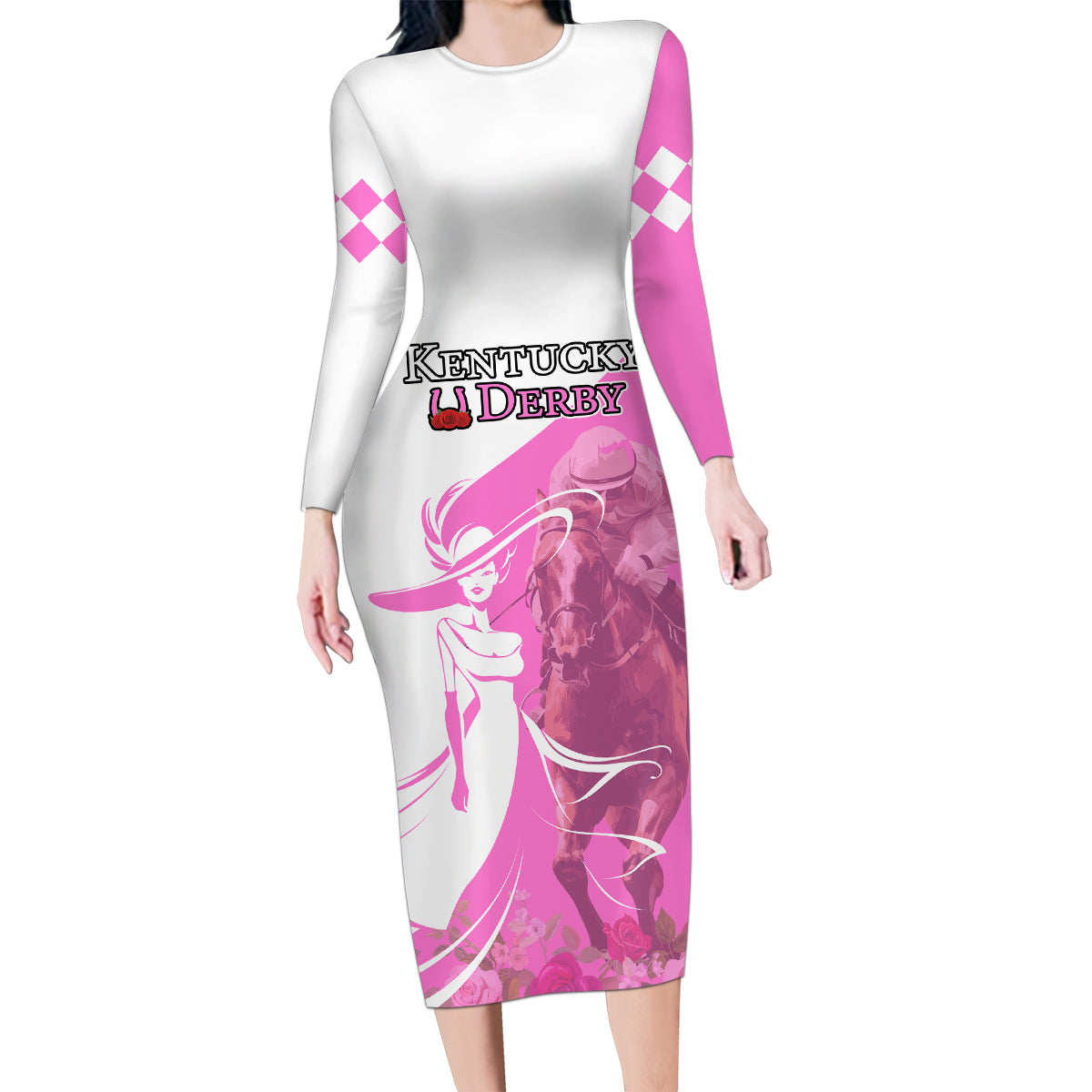 Kentucky Racing Horses Derby Hat Girl Family Matching Long Sleeve Bodycon Dress and Hawaiian Shirt Pink Color - Wonder Print Shop