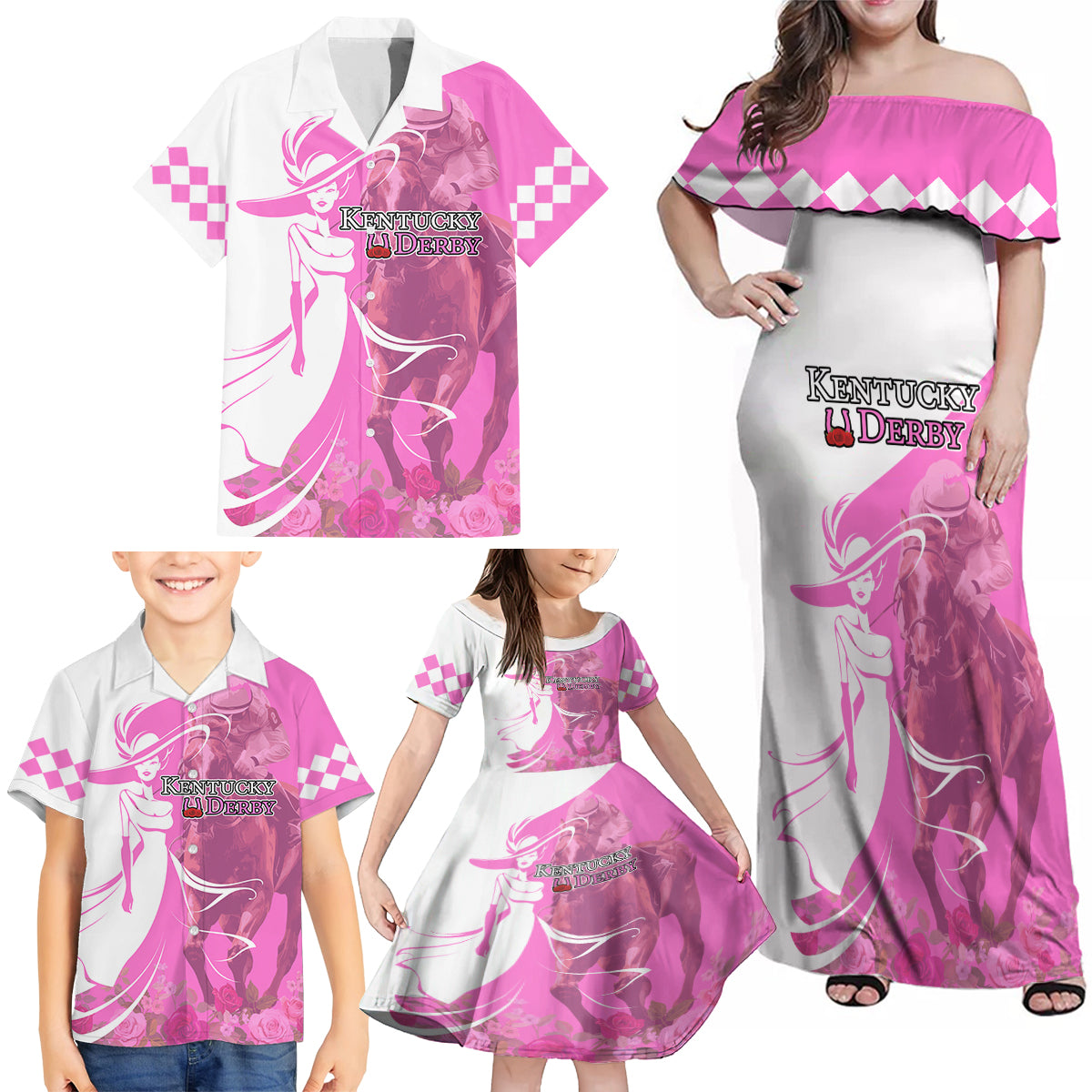 Kentucky Racing Horses Derby Hat Girl Family Matching Off Shoulder Maxi Dress and Hawaiian Shirt Pink Color - Wonder Print Shop