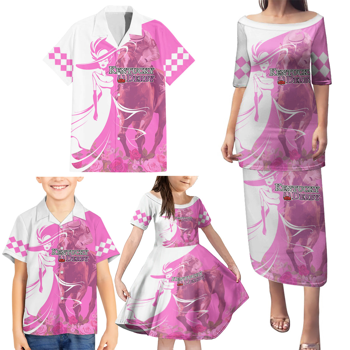 Kentucky Racing Horses Derby Hat Girl Family Matching Puletasi and Hawaiian Shirt Pink Color - Wonder Print Shop