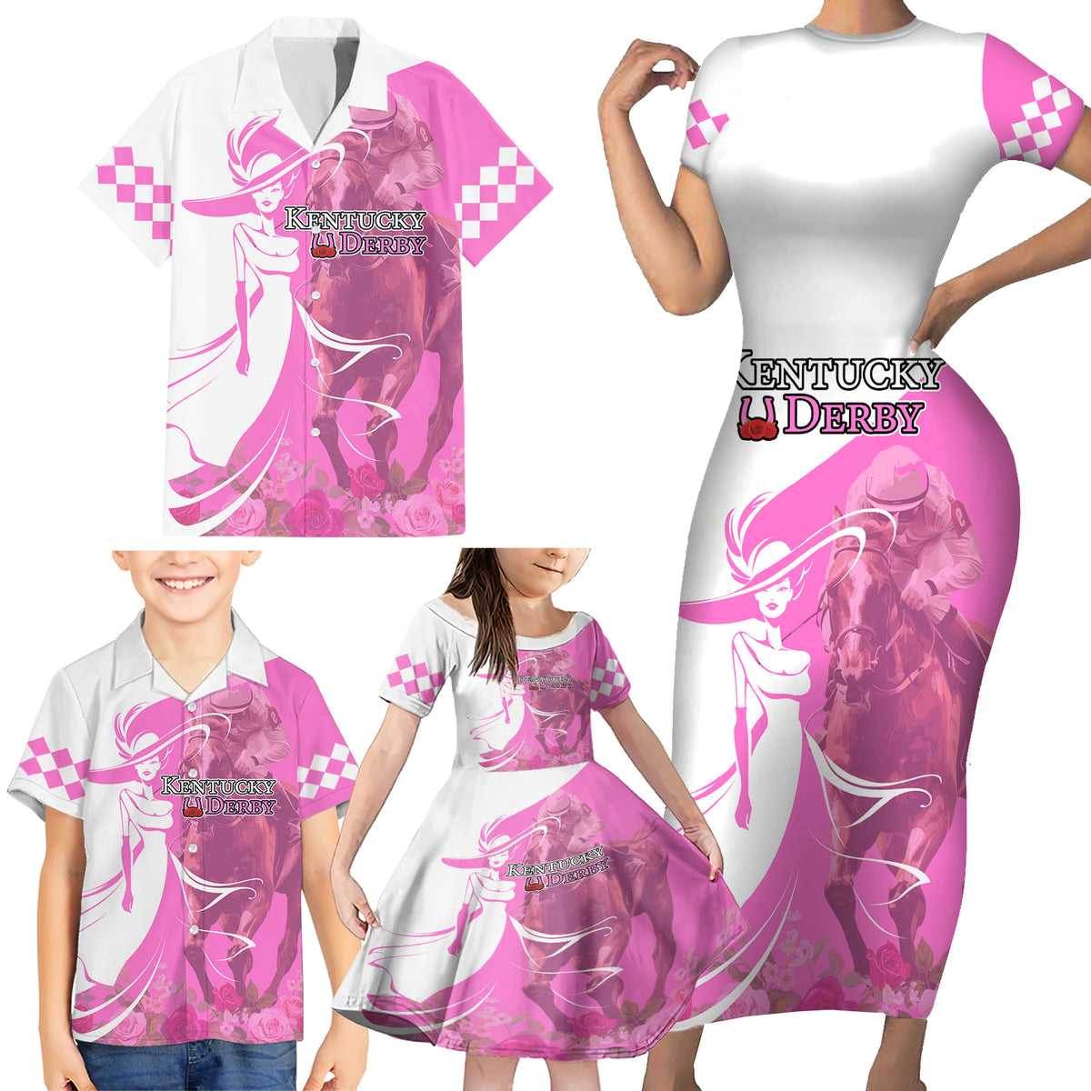 Kentucky Racing Horses Derby Hat Girl Family Matching Short Sleeve Bodycon Dress and Hawaiian Shirt Pink Color - Wonder Print Shop