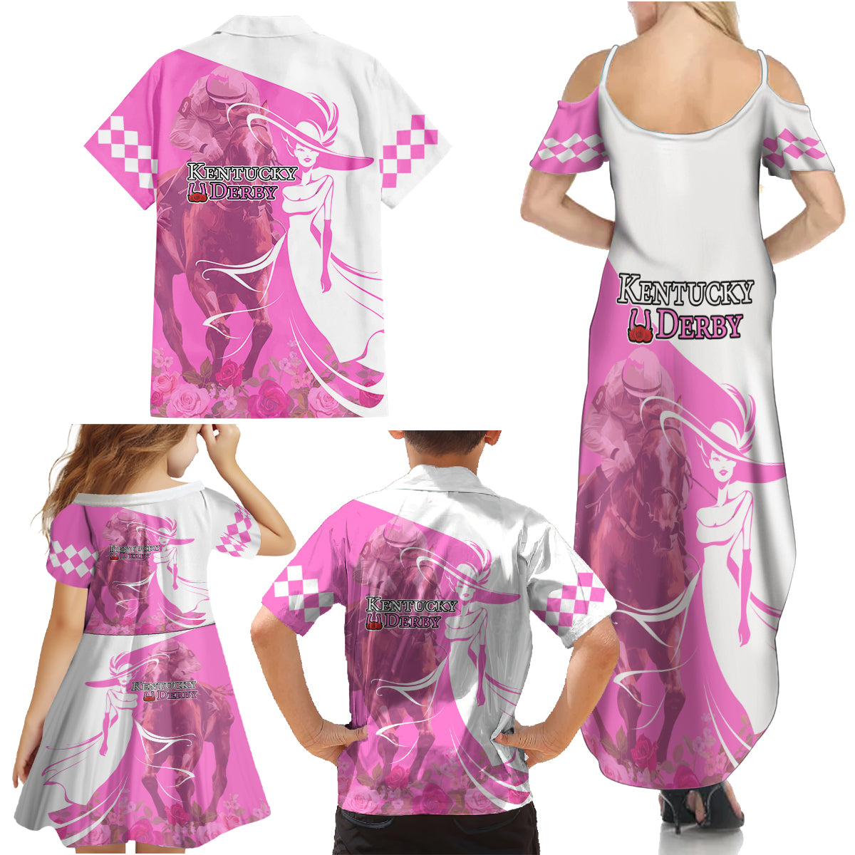 Kentucky Racing Horses Derby Hat Girl Family Matching Summer Maxi Dress and Hawaiian Shirt Pink Color - Wonder Print Shop