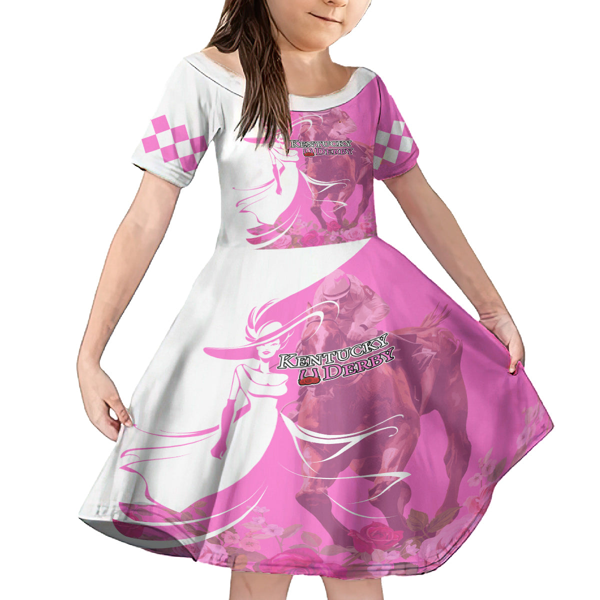 Kentucky Racing Horses Derby Hat Girl Kid Short Sleeve Dress Pink Color - Wonder Print Shop