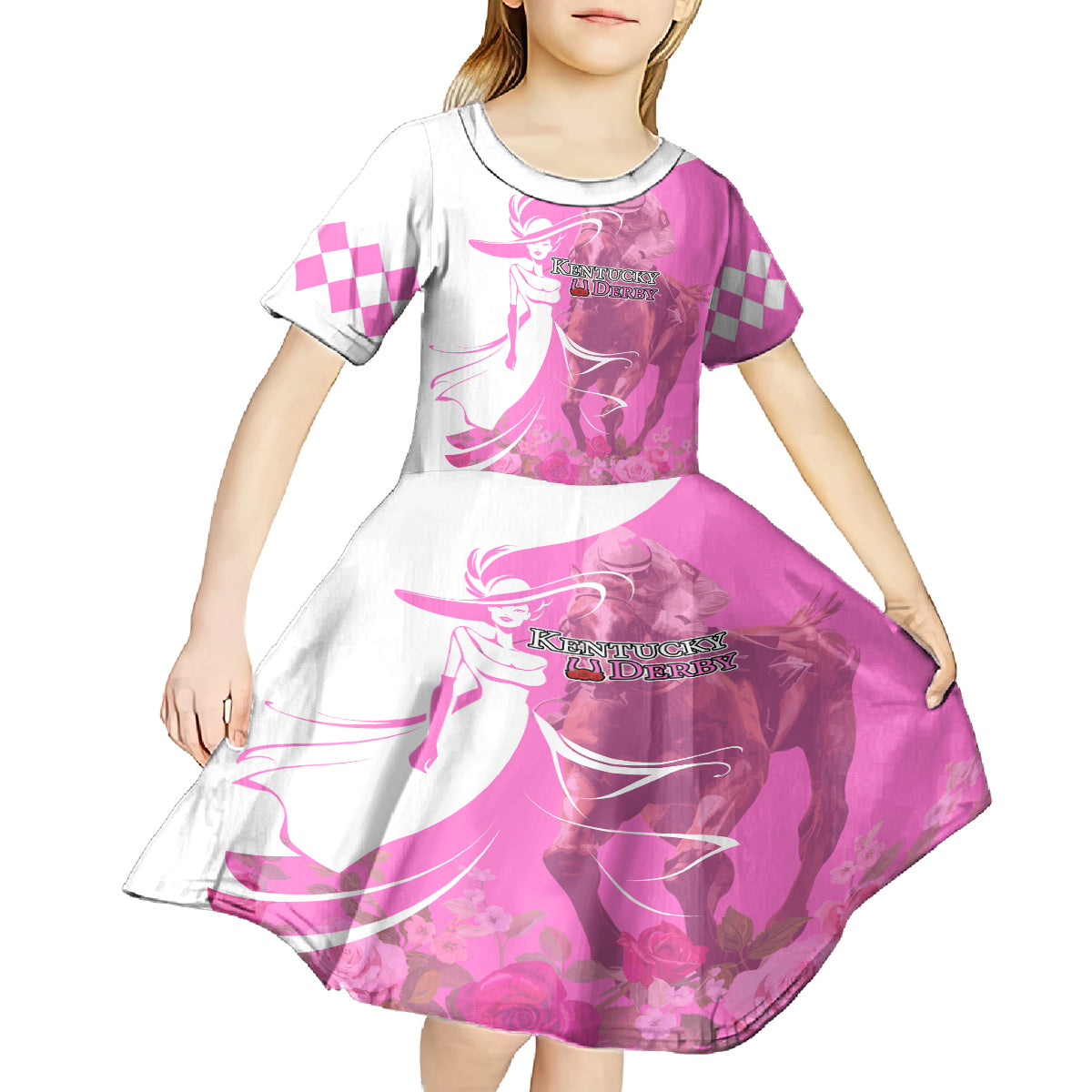 Kentucky Racing Horses Derby Hat Girl Kid Short Sleeve Dress Pink Color - Wonder Print Shop