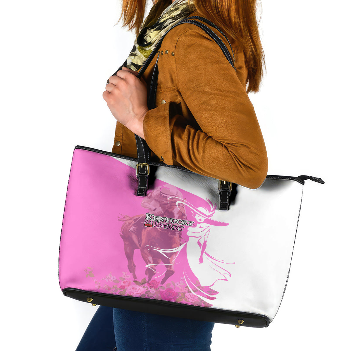 Kentucky Racing Horses Derby Hat Girl Leather Tote Bag Pink Color - Wonder Print Shop