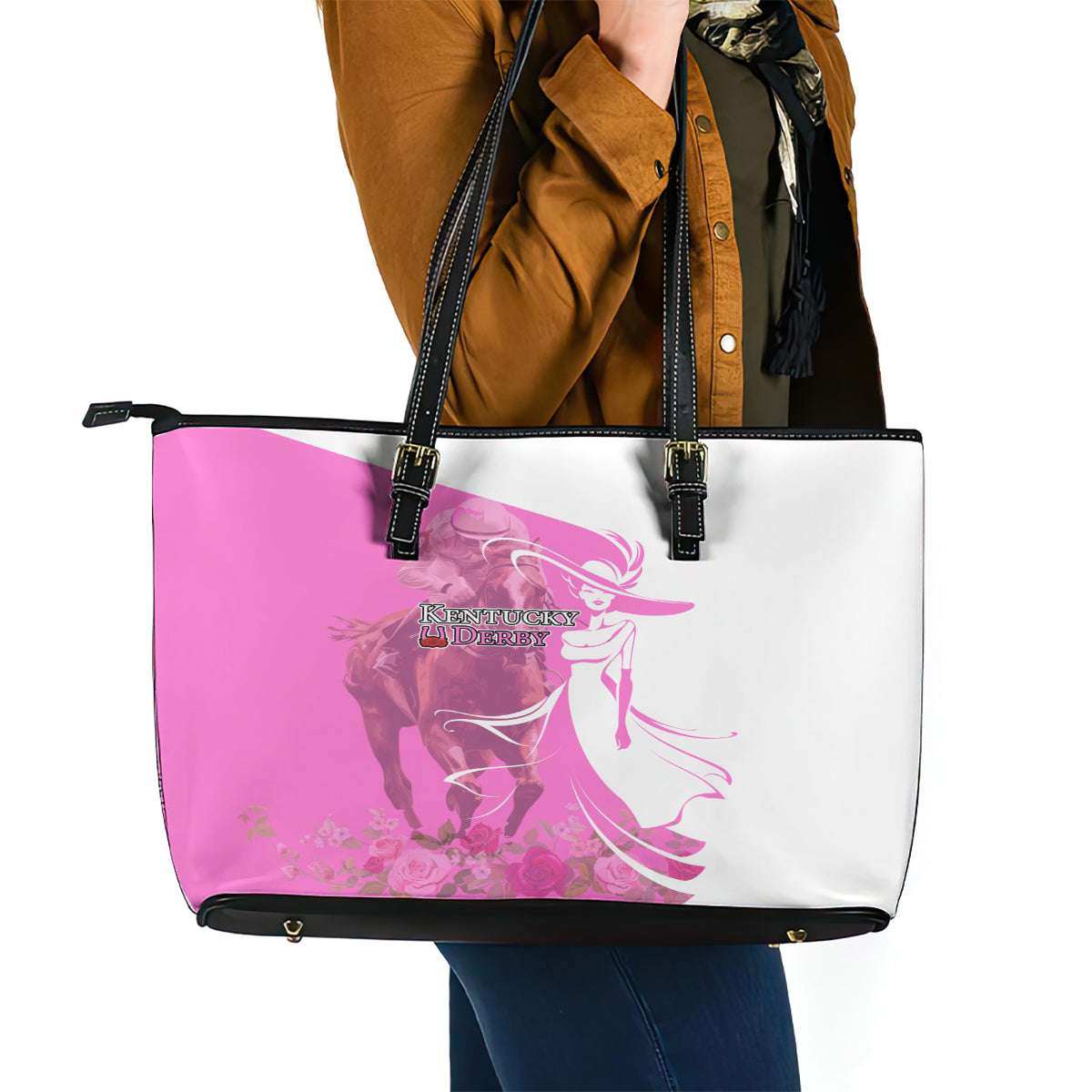 Kentucky Racing Horses Derby Hat Girl Leather Tote Bag Pink Color - Wonder Print Shop