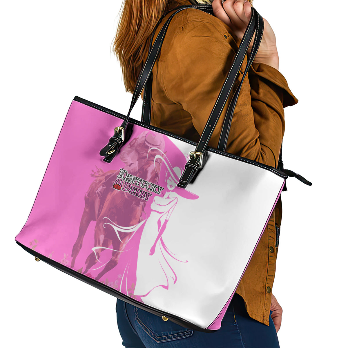 Kentucky Racing Horses Derby Hat Girl Leather Tote Bag Pink Color - Wonder Print Shop